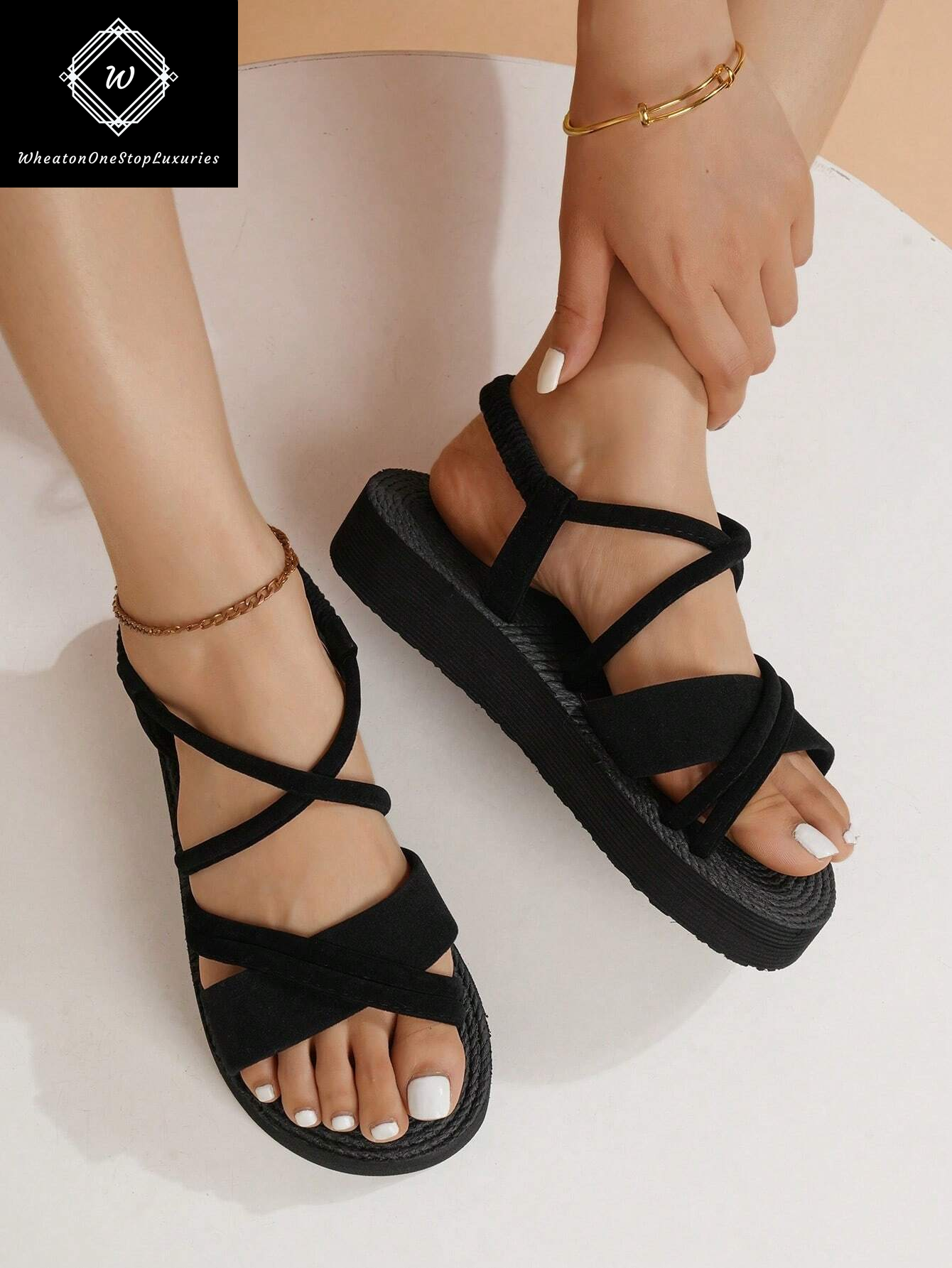Women's Lightweight Elegant Low Heel Platform Sandals with Criss-Cross Strap Design - Versatile for Beach and Vacation in Beige