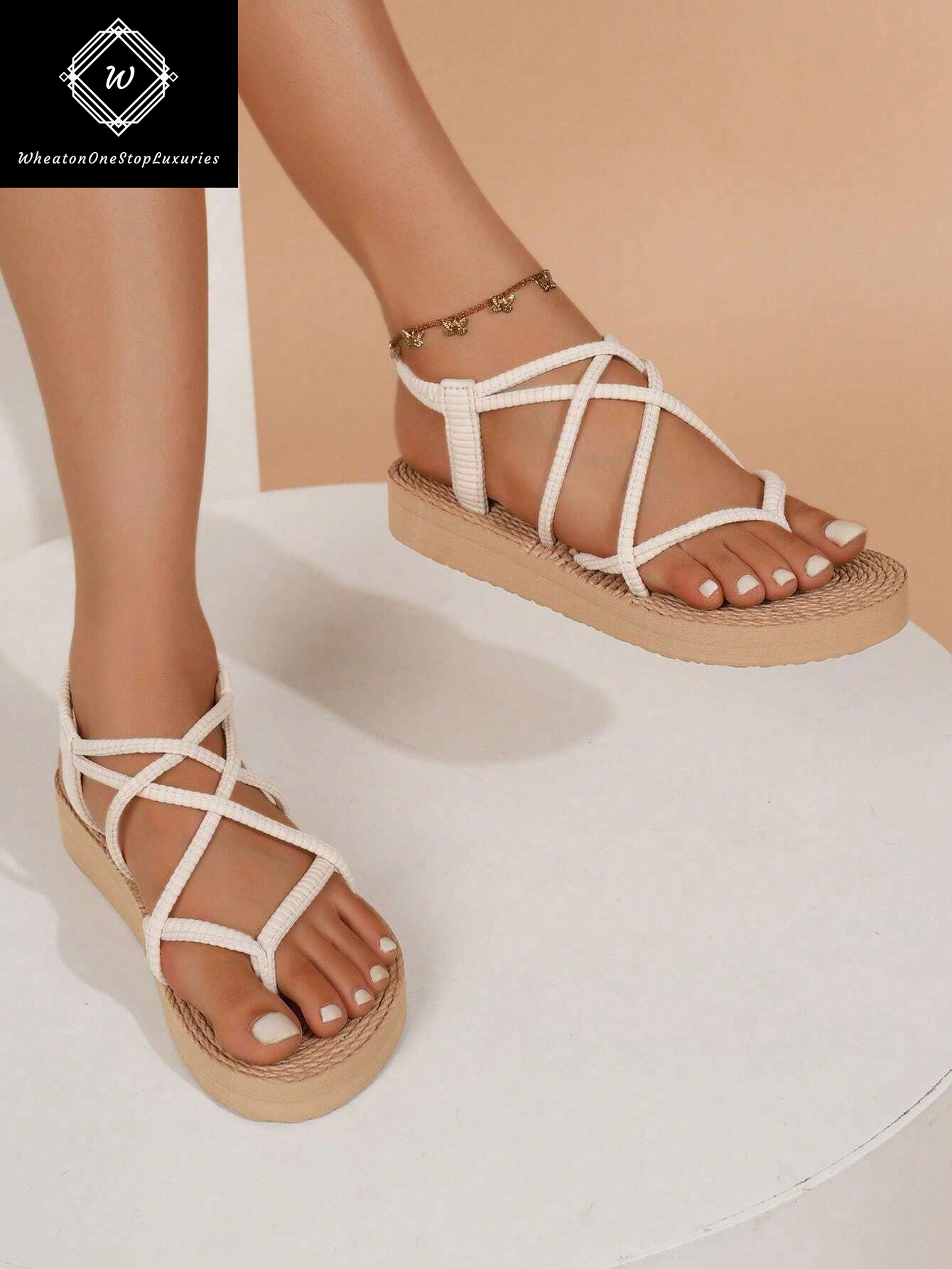 Women's Lightweight Elegant Low Heel Platform Sandals with Criss-Cross Strap Design - Versatile for Beach and Vacation in Beige