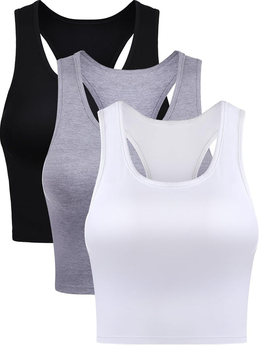 Stylish 3-Pack Women's Crop Tops - Sleeveless Racerback Workout Tanks for Teens and Active Lifestyle
