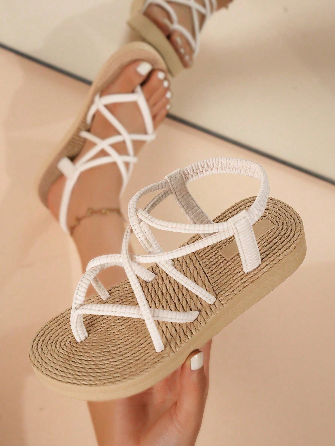 Women's Lightweight Elegant Low Heel Platform Sandals with Criss-Cross Strap Design - Versatile for Beach and Vacation in Beige
