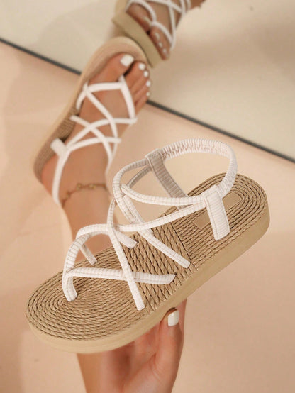 Women's Lightweight Elegant Low Heel Platform Sandals with Criss-Cross Strap Design - Versatile for Beach and Vacation in Beige
