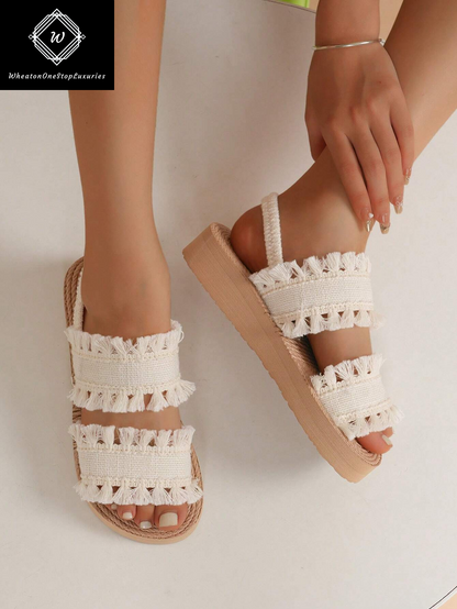 Women's Lightweight Elegant Low Heel Platform Sandals with Criss-Cross Strap Design - Versatile for Beach and Vacation in Beige