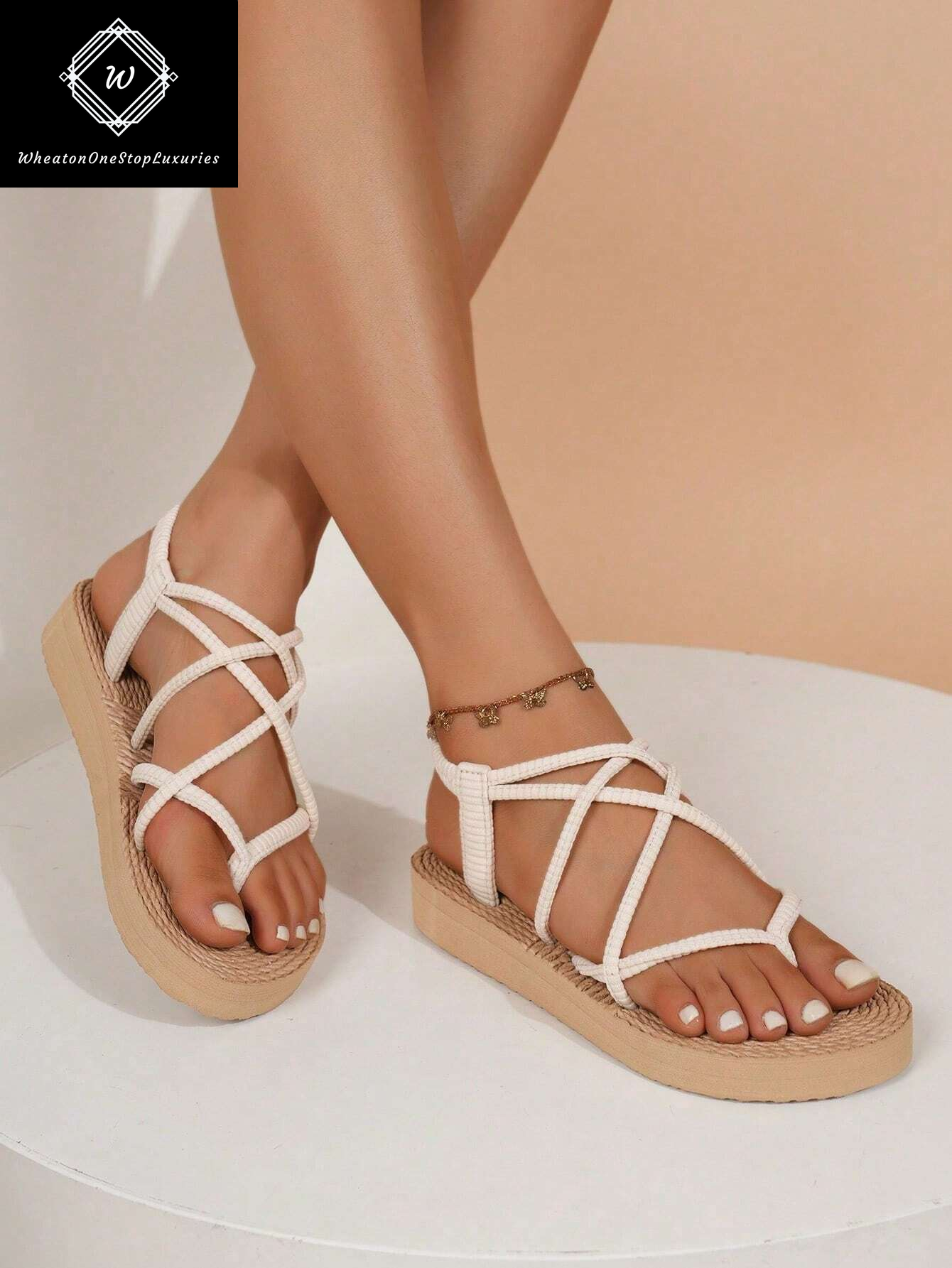 Women's Lightweight Elegant Low Heel Platform Sandals with Criss-Cross Strap Design - Versatile for Beach and Vacation in Beige