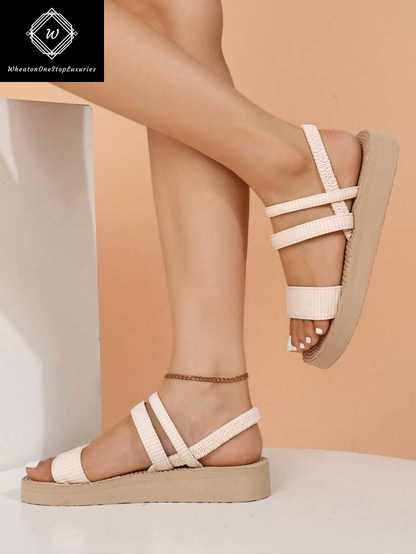 Women's Lightweight Elegant Low Heel Platform Sandals with Criss-Cross Strap Design - Versatile for Beach and Vacation in Beige