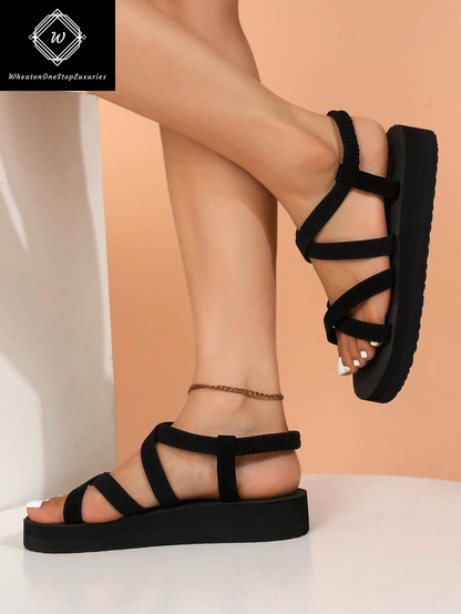 Women's Lightweight Elegant Low Heel Platform Sandals with Criss-Cross Strap Design - Versatile for Beach and Vacation in Beige