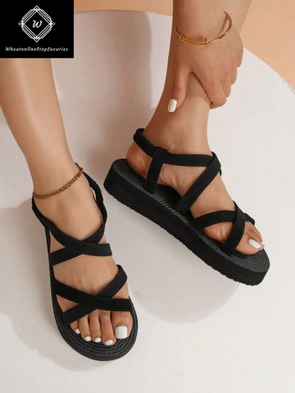 Women's Lightweight Elegant Low Heel Platform Sandals with Criss-Cross Strap Design - Versatile for Beach and Vacation in Beige