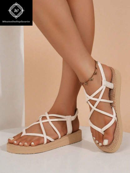 Women's Lightweight Elegant Low Heel Platform Sandals with Criss-Cross Strap Design - Versatile for Beach and Vacation in Beige