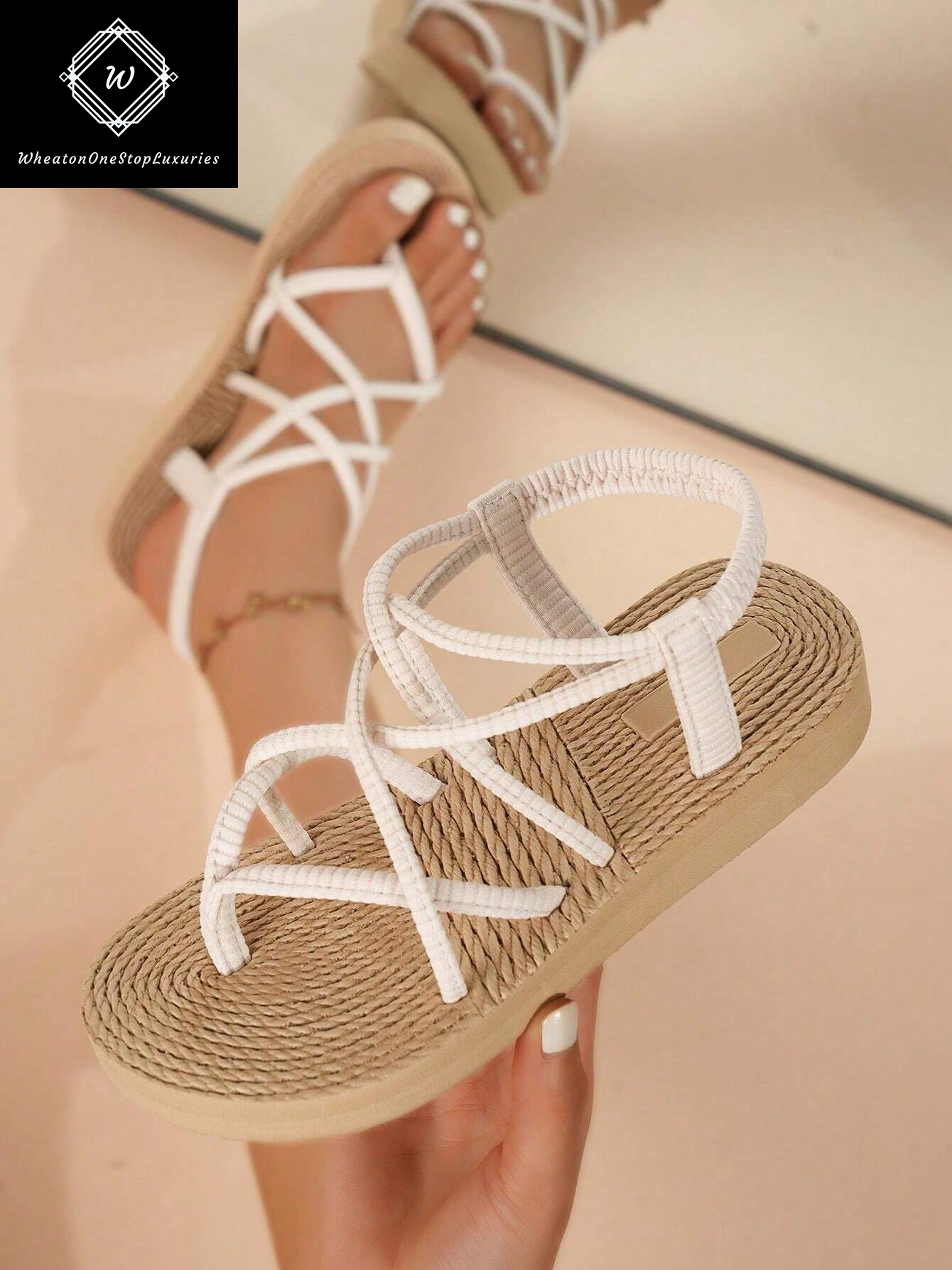 Women's Lightweight Elegant Low Heel Platform Sandals with Criss-Cross Strap Design - Versatile for Beach and Vacation in Beige