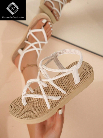 Women's Lightweight Elegant Low Heel Platform Sandals with Criss-Cross Strap Design - Versatile for Beach and Vacation in Beige
