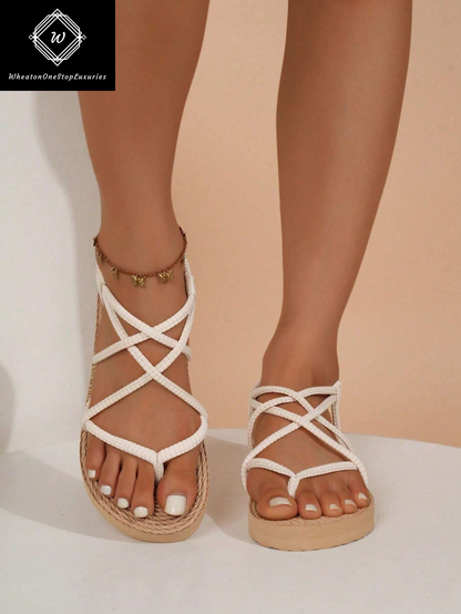 Women's Lightweight Elegant Low Heel Platform Sandals with Criss-Cross Strap Design - Versatile for Beach and Vacation in Beige
