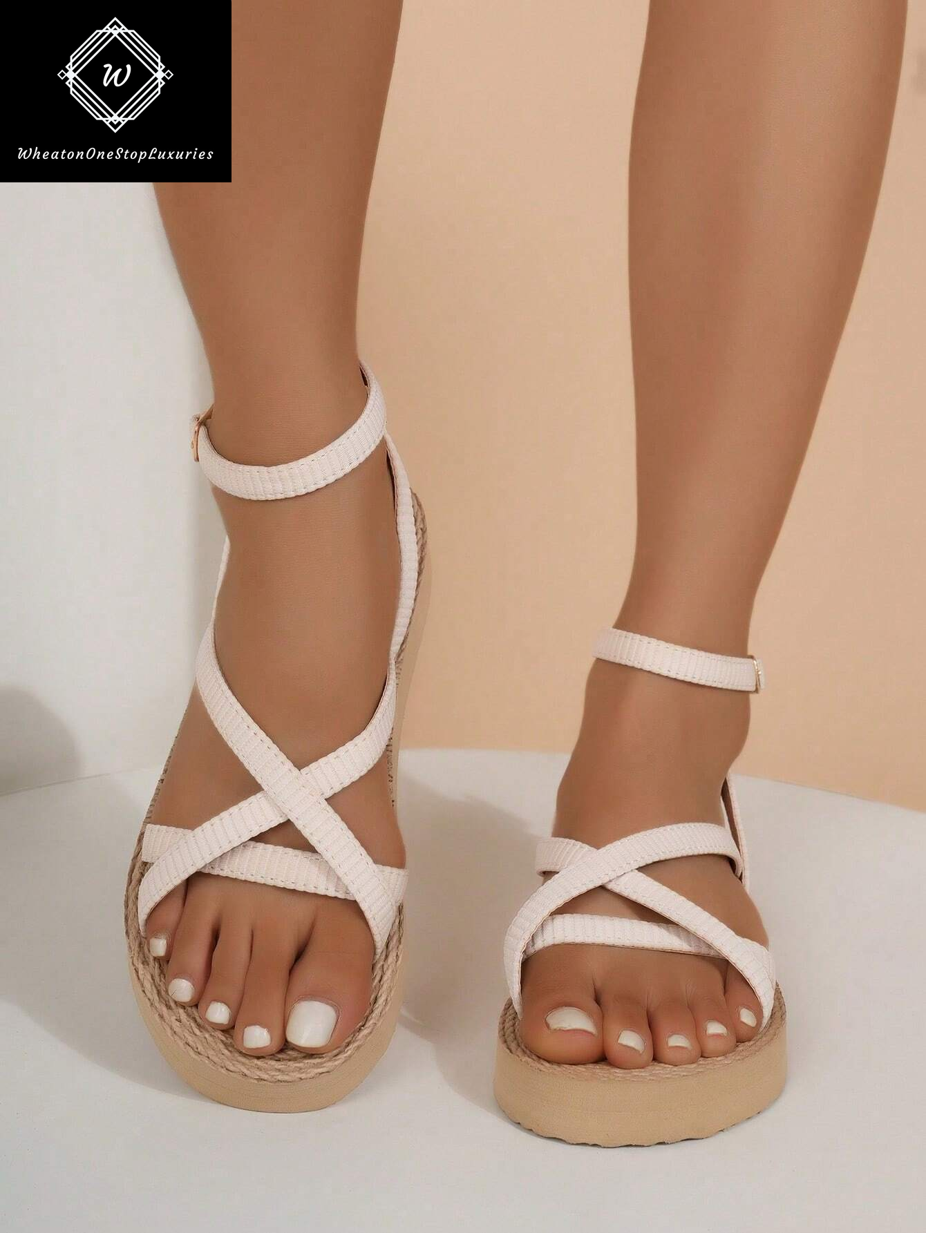 Women's Lightweight Elegant Low Heel Platform Sandals with Criss-Cross Strap Design - Versatile for Beach and Vacation in Beige